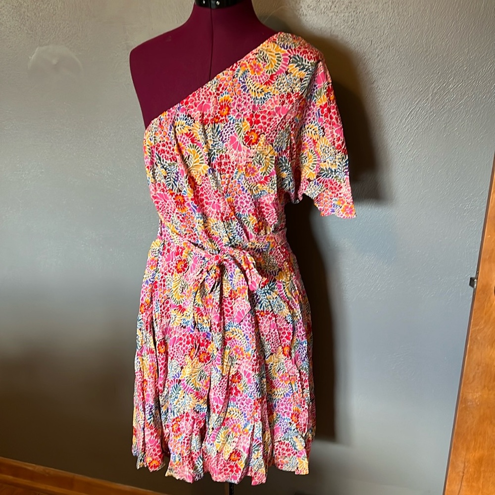 Pink One Shoulder Elastic Waist Floral  Dress size medium